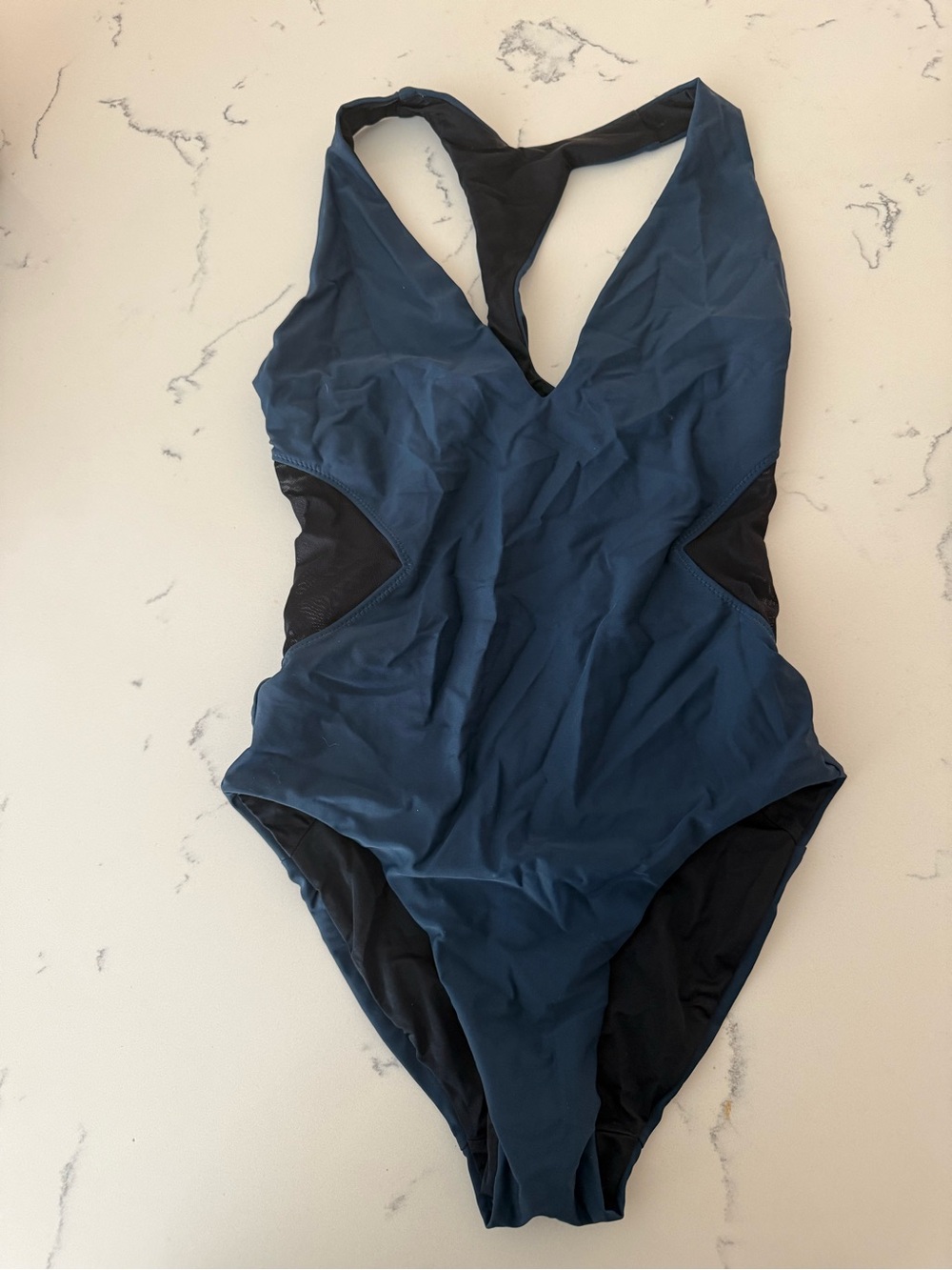 Sweaty Betty Teal Blue and Black V-Neck Racerback One-Piece Swimsuit